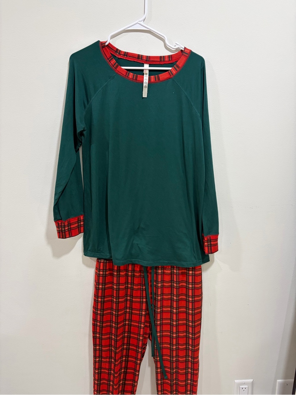 Rhonda Shear Green Top with Red Plaid Trim Christmas Pajama Set